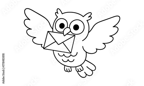 Cute owl outline holding envelope in simple cartoon style