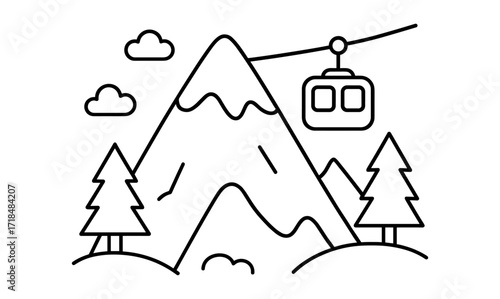 Mountainous landscape with cable car: minimalist black line art