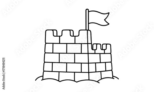 Castle silhouette with flag on sandy beach in simple outline design