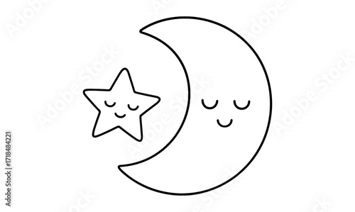 Cute sleeping moon and star in simple linear design