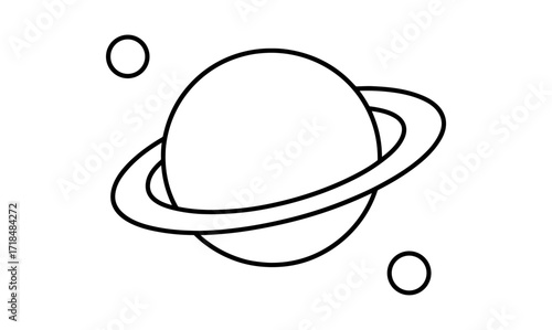 Minimalist black and white planet with rings and surrounding moons