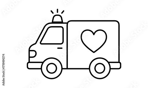 Simple linear icon of ambulance with heart on side