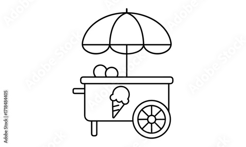 Minimalist outline of ice cream cart with umbrella and decorative wheels