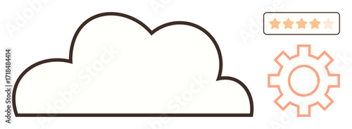 Cloud outline with orange gear icon and rating stars suggesting system performance, digital service evaluation. Ideal for technology, cloud computing, system efficiency, service feedback, tech