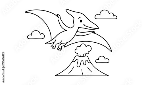 Cute pterodactyl flying over volcano with clouds in cartoon style