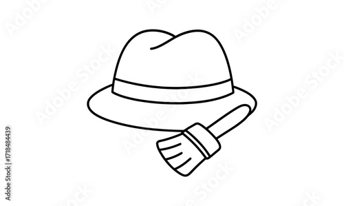 Classic fedora hat with makeup brush linear icon for fashion and beauty