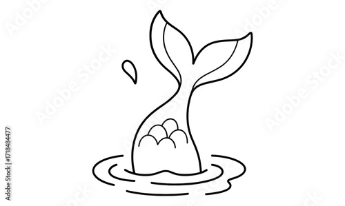 Minimalist mermaid tail design with waves and water droplet