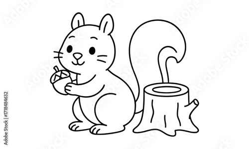 Cute squirrel with acorn outline next to tree stump for kids coloring