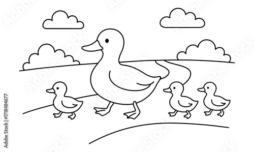 Outline of mother duck with ducklings in a pastoral scene
