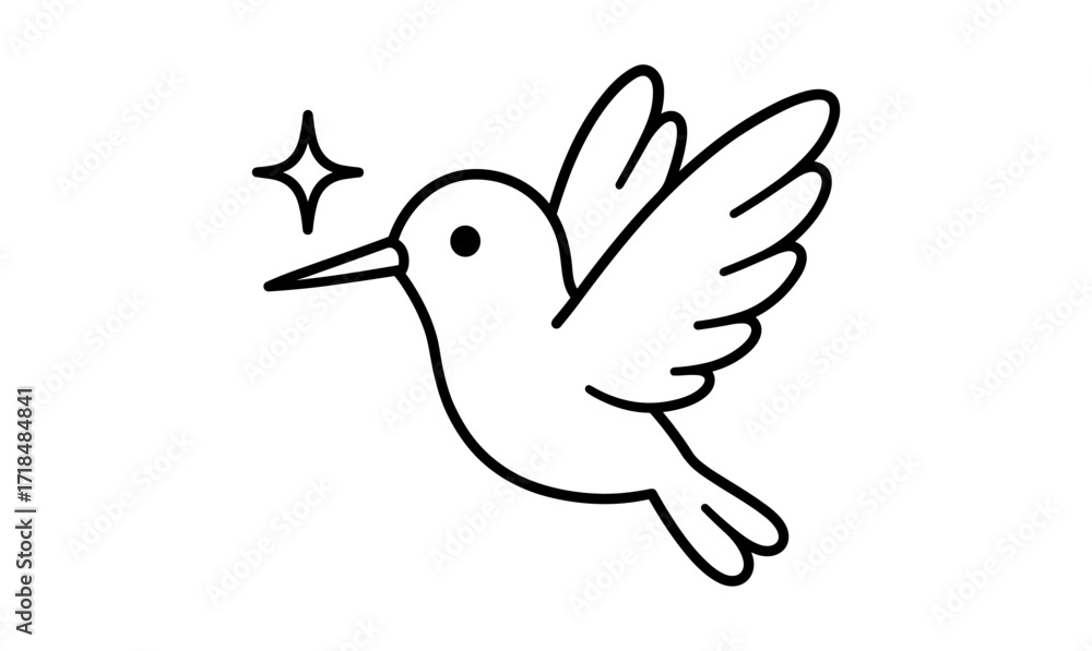 Fototapeta premium Minimalist hummingbird outline with star element in black and white