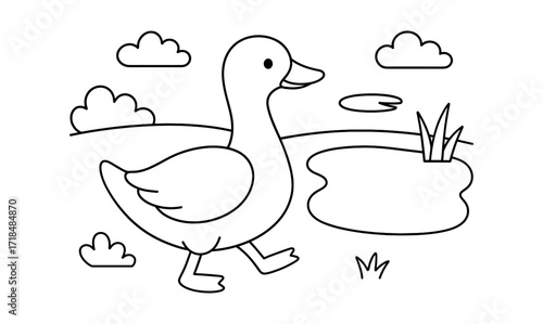 Cute outline drawing of a duck in nature with pond and clouds