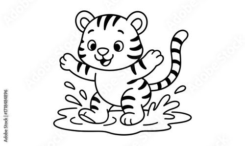 Cute cartoon tiger cub splashing in puddle