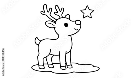 Cute cartoon reindeer with star in simple black and white line art