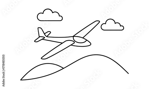 Minimalist airplane flying over hills with clouds in linear outline