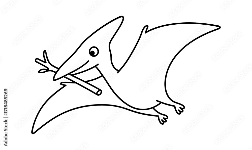 Fototapeta premium Cute outline of a pterosaur carrying a branch for kids' dinosaur coloring fun