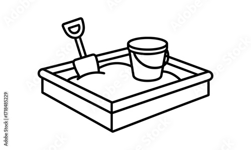 Line art sandbox with bucket and shovel for children's playgrounds
