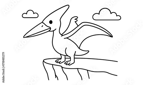 Cartoon pterodactyl standing on cliff with clouds in simple outline art