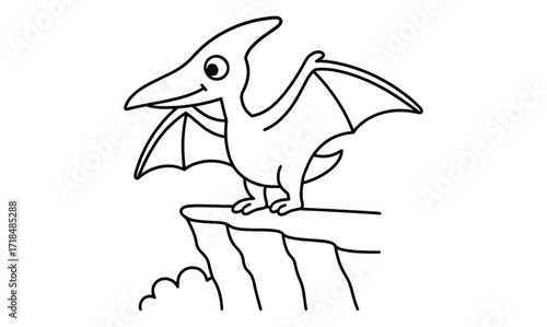 Happy pterodactyl standing on cliff edge black and white outline