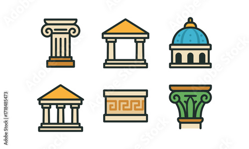 Classic architecture icons in flat style featuring domes and columns