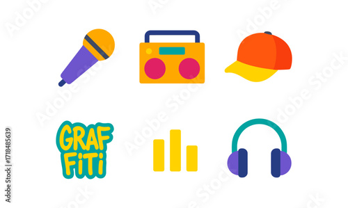 Colorful hip hop icons featuring microphone and boombox on white background