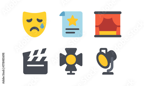 Theater and film icon set featuring masks, lights, and clapperboard in flat style