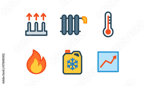 Flat design icons of heating and cooling elements for home and industry