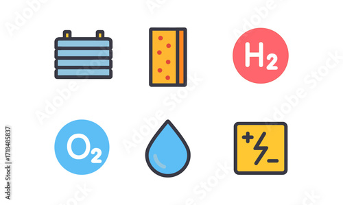 Energy and chemistry icons set featuring hydrogen, oxygen, solar panel, and battery