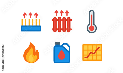 Heating and energy icon set: thermometer, flames, and radiator symbols