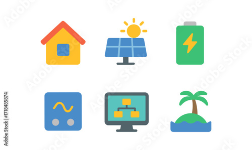 Colorful sustainable energy icons for eco-friendly living in flat design