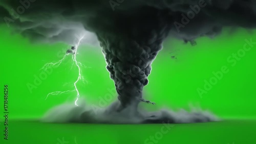 Dramatic Tornado with Lightning Strikes on Green Screen - Weather Phenomenon Visual Effects Loop, A powerful tornado tears through the scene with