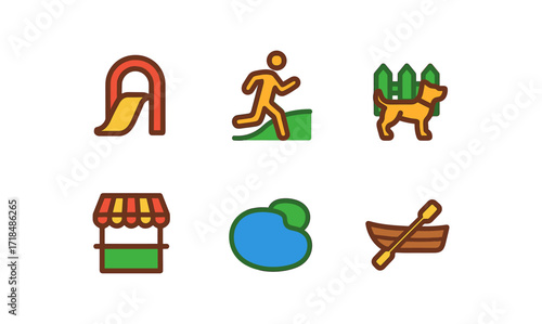 Whimsical park elements with children play and nature icons