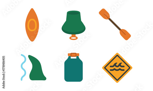 Flat design kayaking icons: adventure gear and water safety symbols
