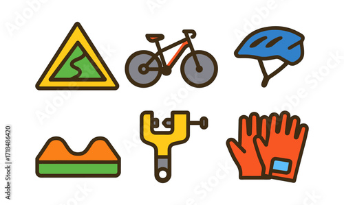 Cycling gear icons: helmet, bike, gloves, and more in bold linear style