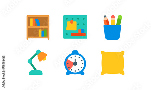 Colorful office and study supplies in flat design