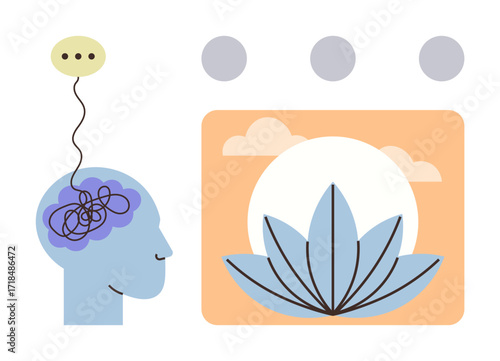 Human head with tangled thoughts merging into a serene lotus and sun. Ideal for mindfulness, meditation, mental health, emotional balance, focus, wellness, and stress relief. Simple flat metaphor