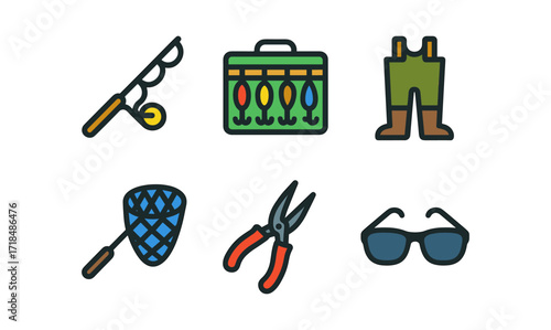 Fishing gear: icon set featuring rod, lures, waders, net, pliers, sunglasses