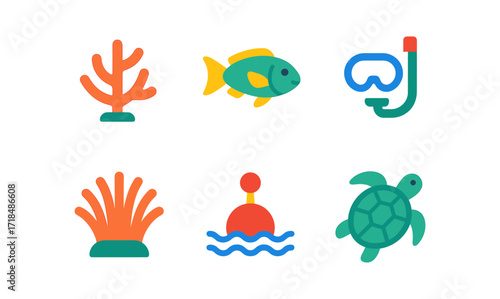 Colorful underwater icons featuring marine life and diving gear