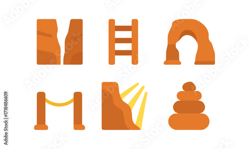 Colorful flat icons of canyon landscapes featuring rock formations