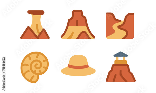 Desert icons set: canyon, fossil, and explorer elements