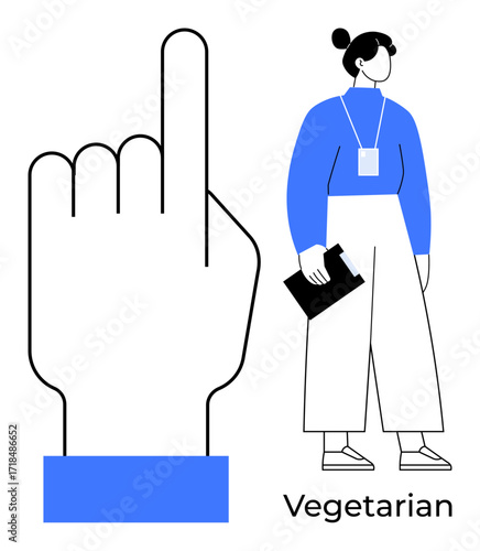Woman dressed in casual attire holding a notebook stands beside a large pointing hand. Ideal for vegetarian food, choices, awareness, eco-friendly lifestyle, education, health, and advocacy in