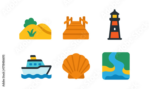Coastal icons set: colorful beach, lighthouse, boat, bridge, shell, river