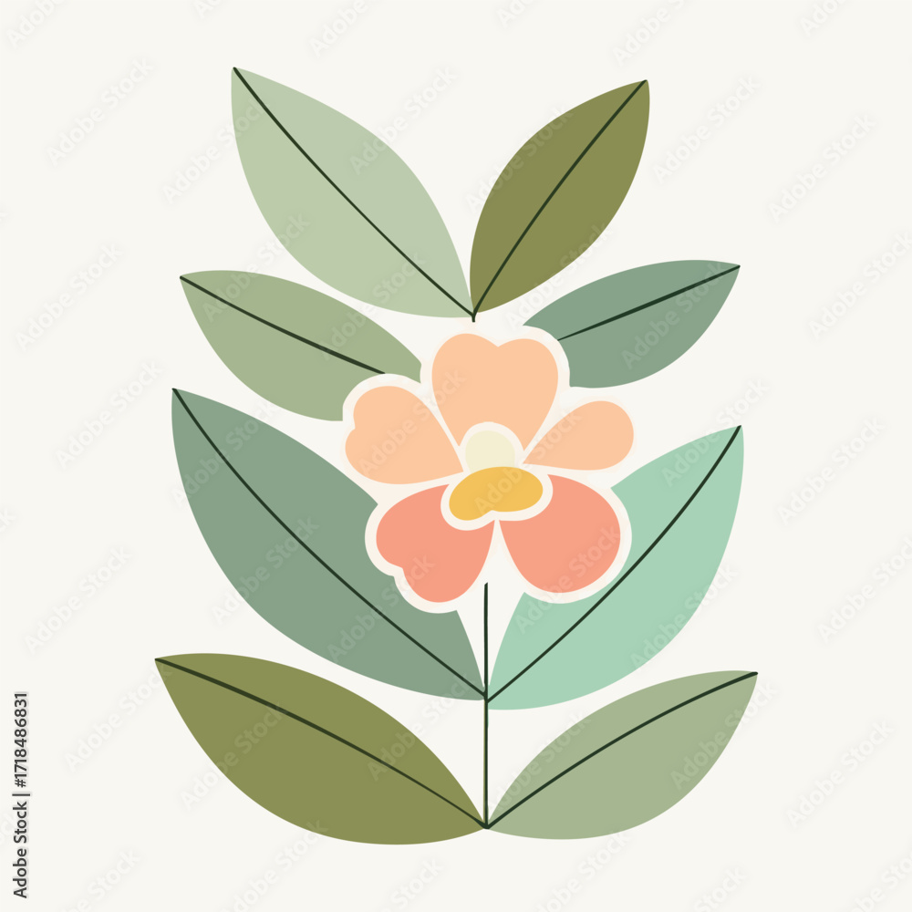 Fototapeta premium Stylized floral illustration featuring a peach-colored flower with leaves in various shades of green on a white background.