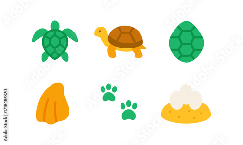 Colorful flat icons of turtles and reptile elements with eggs and paw prints