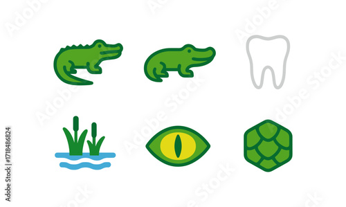 Crocodile icons: nature, teeth, and wildlife symbols in flat design