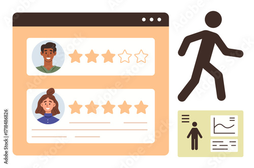 User profiles with star ratings on a webpage, walking figure, and infographic design. Ideal for online feedback, user experience, customer review, recruitment, data analytics, digital platforms
