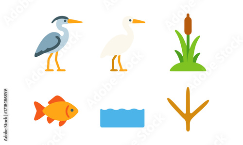 Minimalist wetland wildlife icons featuring birds and aquatic elements