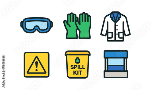Laboratory safety equipment: icons for protective gear, warning, and spill kit