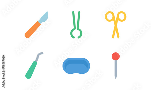 Colorful flat medical tools set for veterinary and surgical use