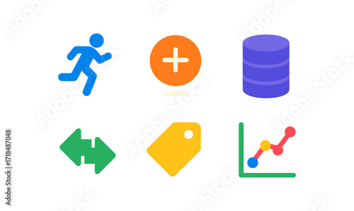 Colorful modern icons set: running, plus sign, database, arrows, tag, graph