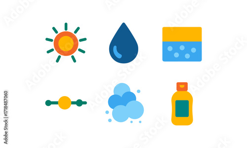 Colorful flat style icons of sun, water, soap, bubbles, bottle, and slider